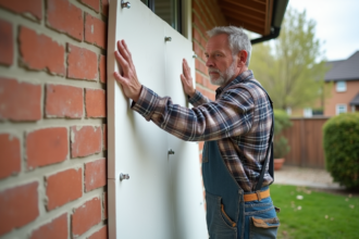 Homme appliquant rigid foam sur mur extérieur maison