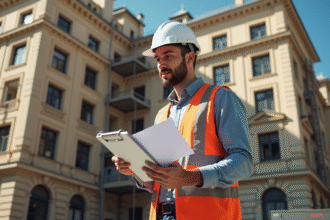 Professionnel examinant documents de renovation devant un immeuble ancien