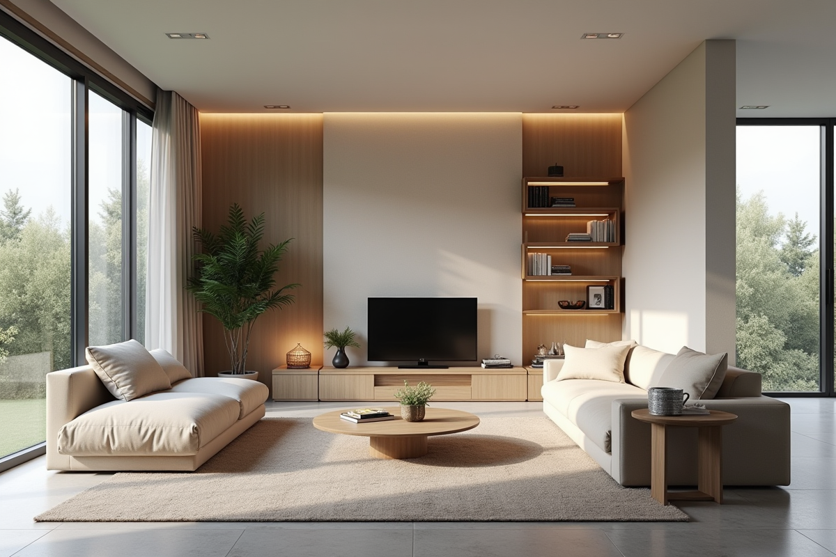 Salon moderne avec mobilier multifonctionnel et rangements