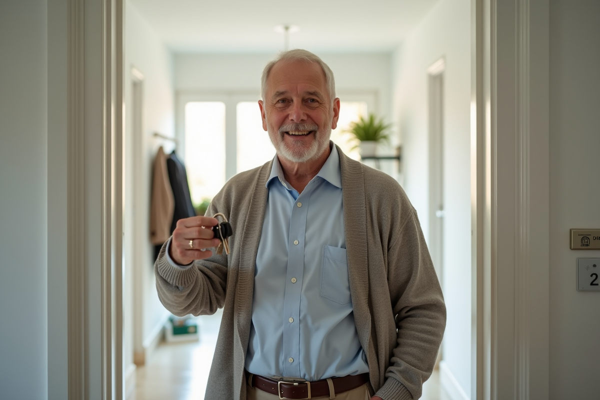 Homme age tenant ses clés dans un appartement lumineux
