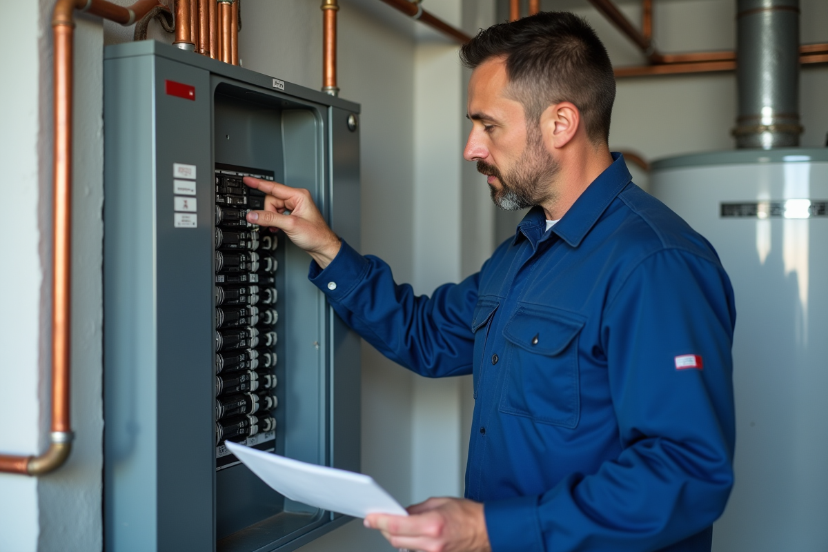 Technicien inspectant un disjoncteur résidentiel en intérieur