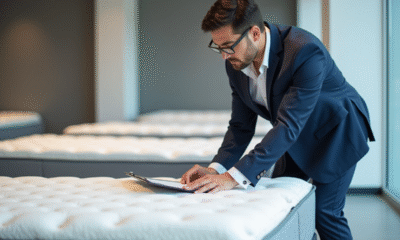 Testeur professionnel de matelas dans un showroom moderne