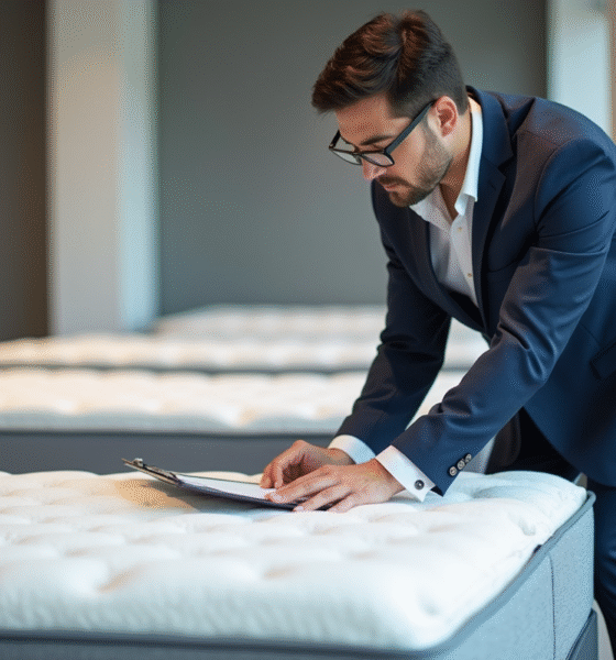 Testeur professionnel de matelas dans un showroom moderne