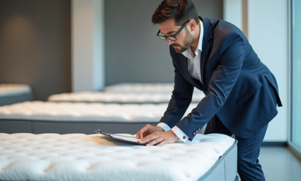 Testeur professionnel de matelas dans un showroom moderne
