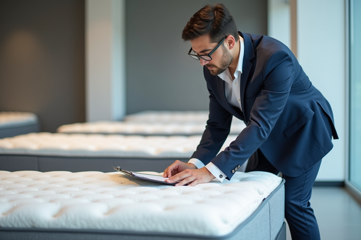 Testeur professionnel de matelas dans un showroom moderne