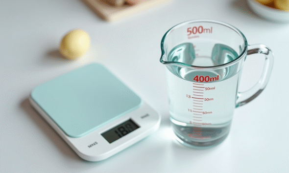 Verre mesureur rempli à 400 ml d'eau sur plan de travail