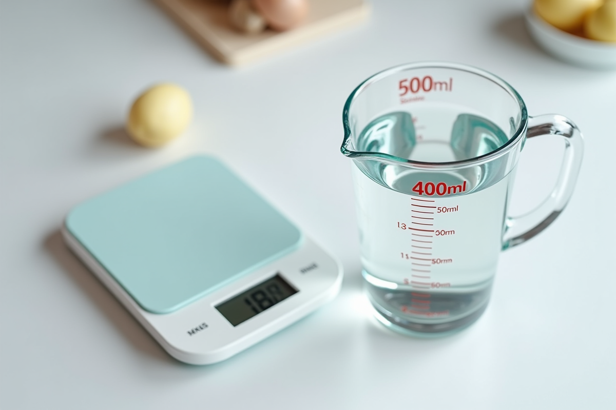 Verre mesureur rempli à 400 ml d'eau sur plan de travail