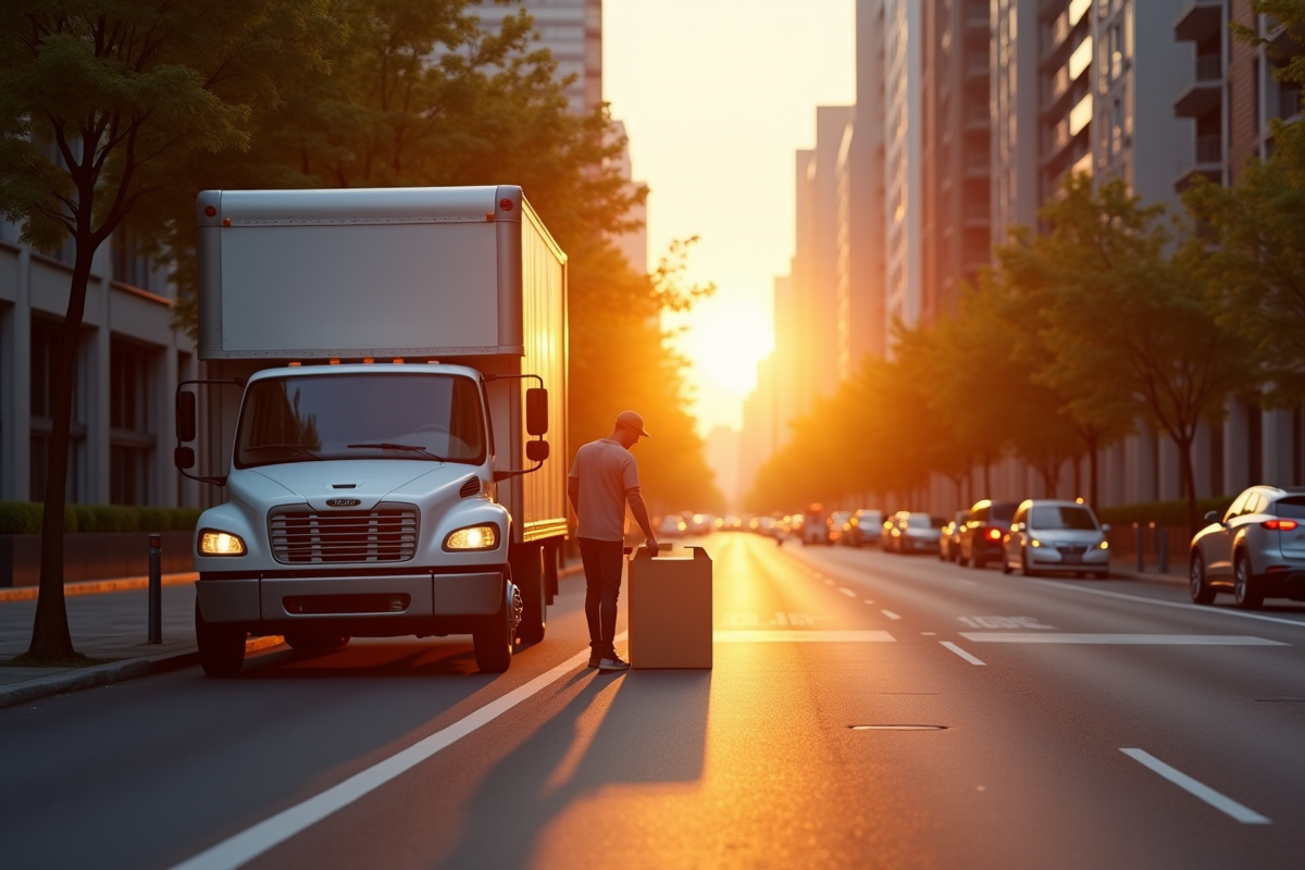 Camion de déménagement sur une rue urbaine au lever du soleil
