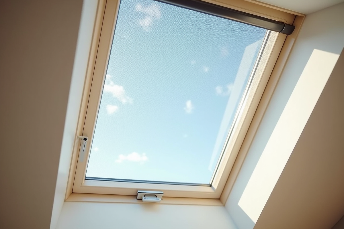 Vue extérieure d’un Velux avec moustiquaire en été